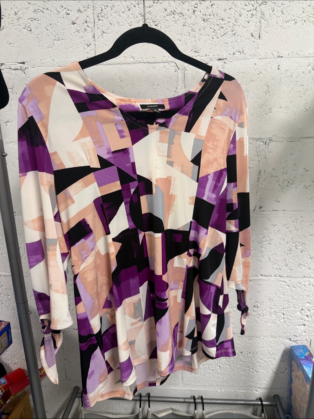 ALFANI Purple Peach Black Abstract Tie-Sleeve Long Sleeve Top Size Petite Large